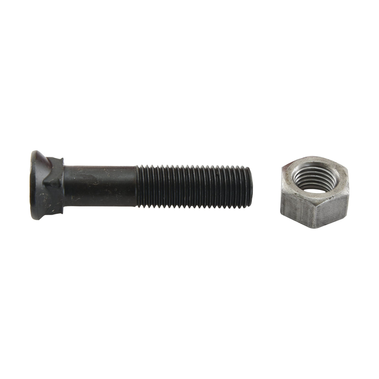 A black screw positioned to the left of a silver nut against a white background, next to a Sparex Round Countersunk Square Hex Bolt & Nut (TFCC) - M12 x 65mm, Tensile strength 12.9.