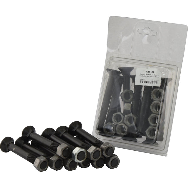 A pack of Sparex Round Countersunk Square Hex Bolt & Nut (TFCC) - M12 x 90mm, Sparex Part No. S.21484, with separate hex nuts, featuring a tensile strength of 12.9 for maximum durability (10 pcs. Agripak).