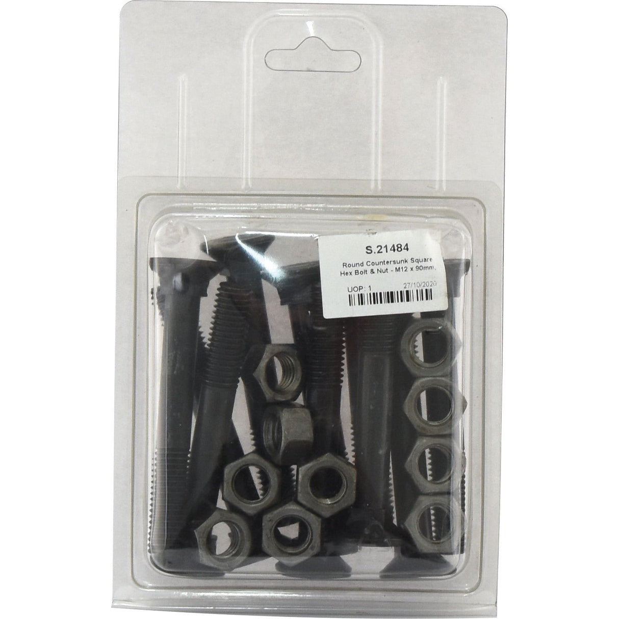 A sealed plastic package contains high tensile strength Round Countersunk Square Hex Bolt & Nut (TFCC) sets, M12 x 90mm, with a label featuring product details at the top. The package includes 10 pieces and is identified by Sparex Part No.S.21484.