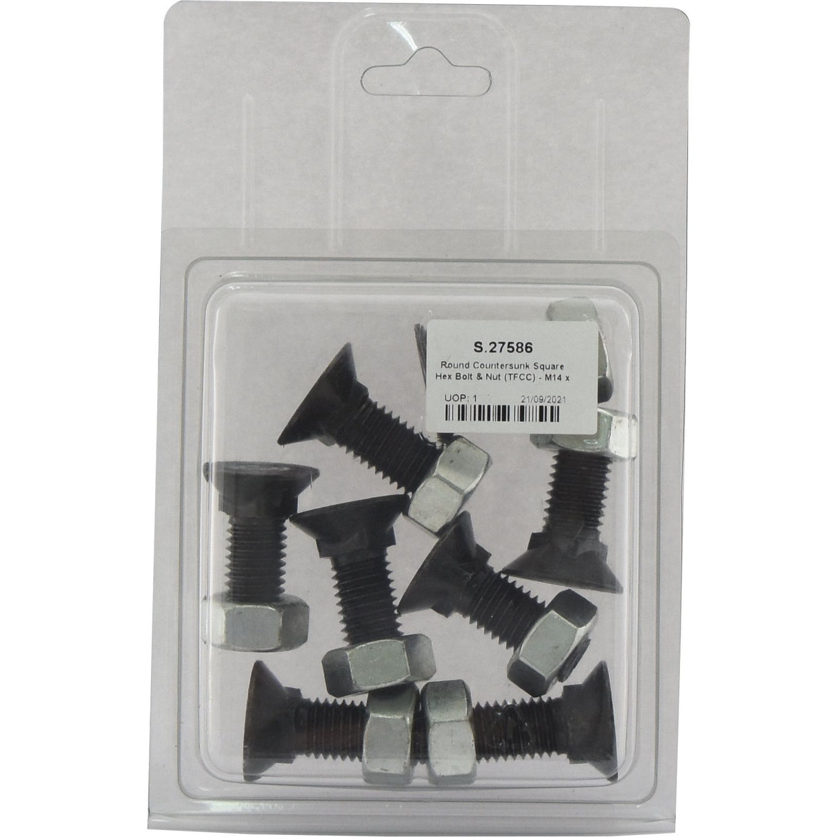 A clear plastic package labeled "S27586" from Sparex, containing eight M14 x 40mm round countersunk square head bolts and nuts with a tensile strength of 8.8.