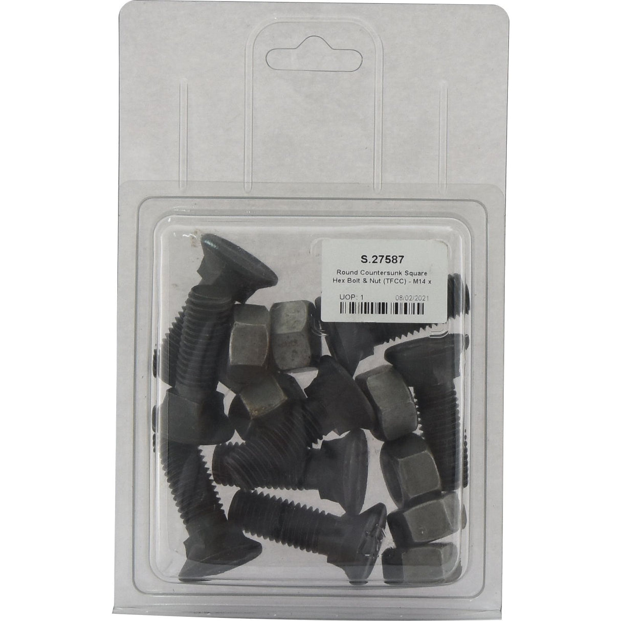 A plastic blister pack from Sparex containing black steel Round Countersunk Square Hex Bolts and hex nuts is labeled with specifications, including Part No. S.27587, M14 x 45mm, tensile strength 8.8 (8 pcs in Agripak), and features a barcode.