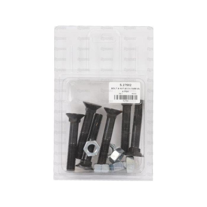 A packaged set labeled "S.27583" from Sparex contains Round Countersunk Square Hex Bolts & Nuts (TFCC) in M12 x 80mm size, with a tensile strength of 8.8, specified clearly on the packaging for versatile use (6 pcs. Agripak).