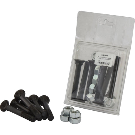 A package containing Sparex Round Countersunk Square Hex Bolts and Nuts (TFCC) - M12 x 80mm with a tensile strength of 8.8, alongside additional loose screws and nuts placed in front of the packaging. Featuring six pieces in Agripak, available under Sparex Part No. S.27583.