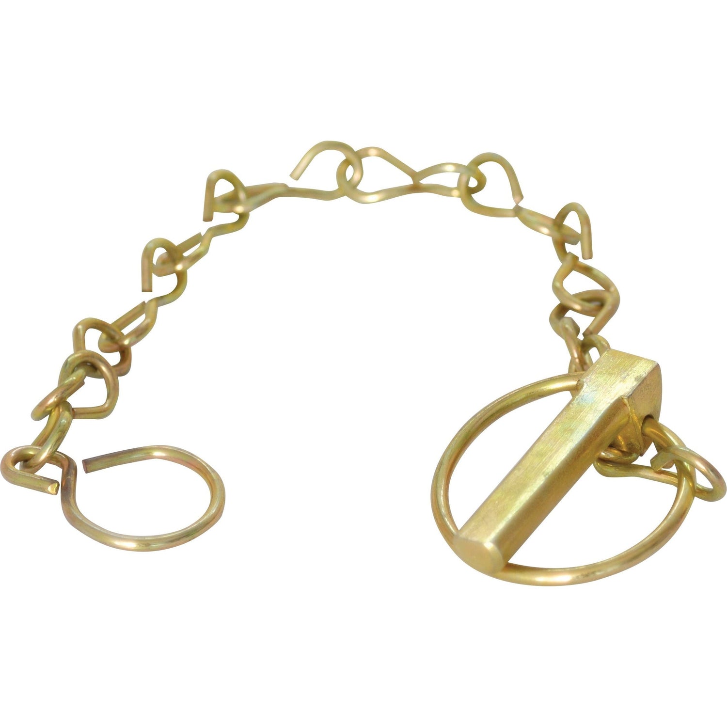 A Sparex Round Linch Pin, Chain & Bracket Assembly (Pin Ø10mm) with a circular loop and a rectangular metal piece attached at one end – Product No. S.29148.