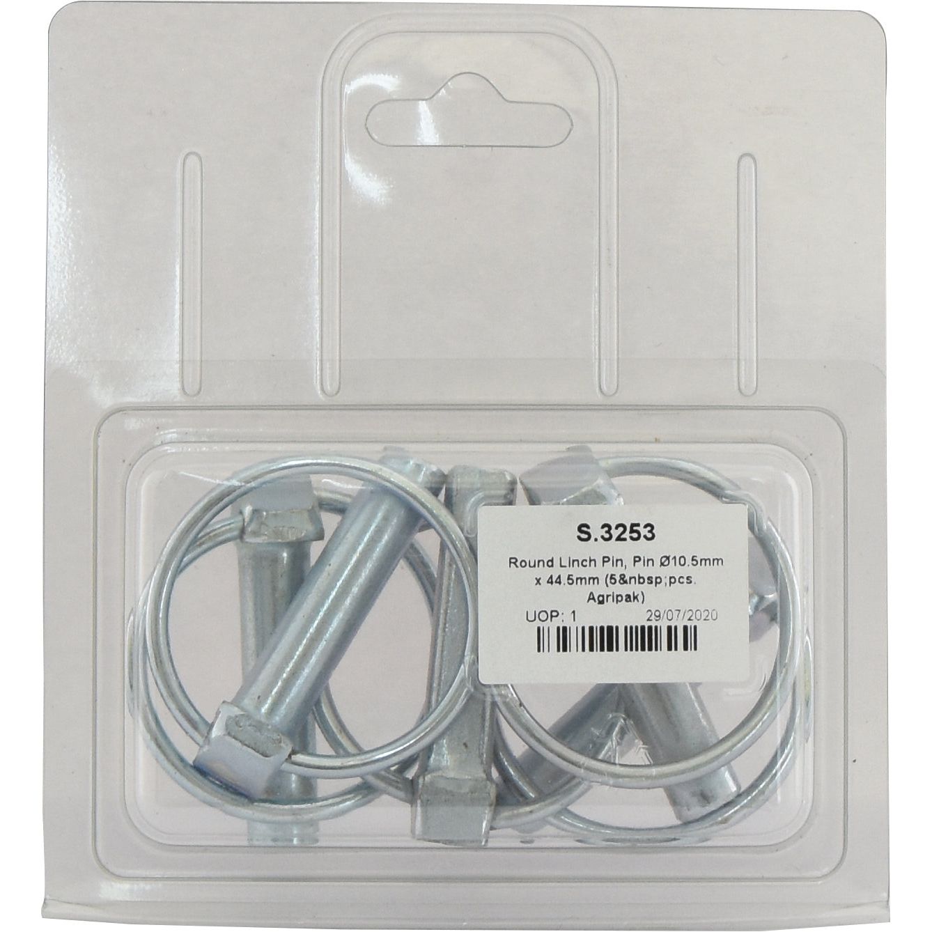 A package of round linch pins with Sparex Part No. S.3253, each measuring Ø10.5mm x 44.5mm, 5 pieces per pack, labeled "Agripak" by Sparex for standard duty applications.