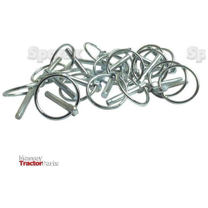 A collection of metallic Round Linch Pins (Pin Ø10.5mm x 44.5mm) with the "Sparex" logo in the lower left corner, emphasizing Standard Duty quality from Massey Ferguson, displayed on a white background.