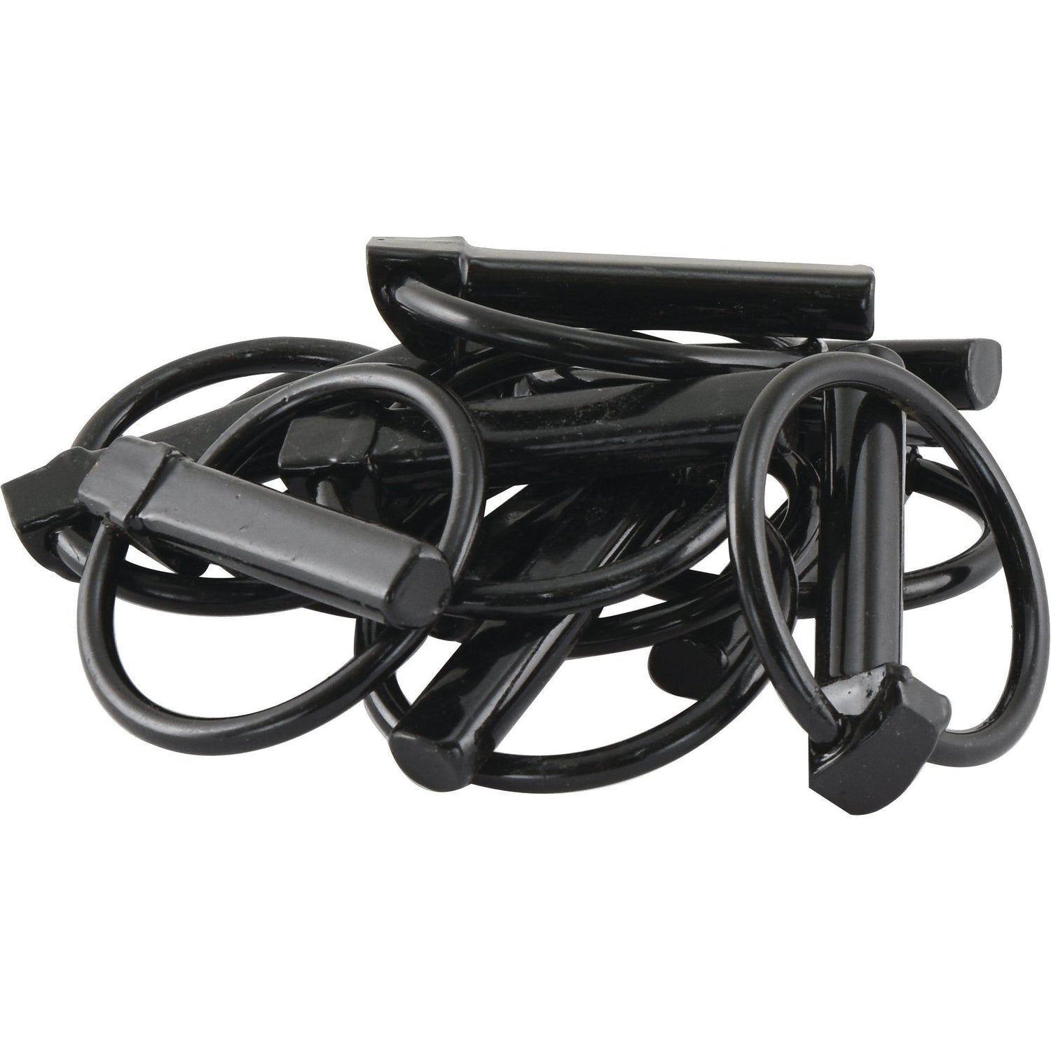A collection of Round Linch Pins, Pin Ø11mm x 50mm (Sparex Part No. S.58598) ideal for organizing keys on black rectangular tags. These heavy-duty key organizers from Sparex ensure durability and reliability, whether you're managing home, office, or Sparex equipment keys.