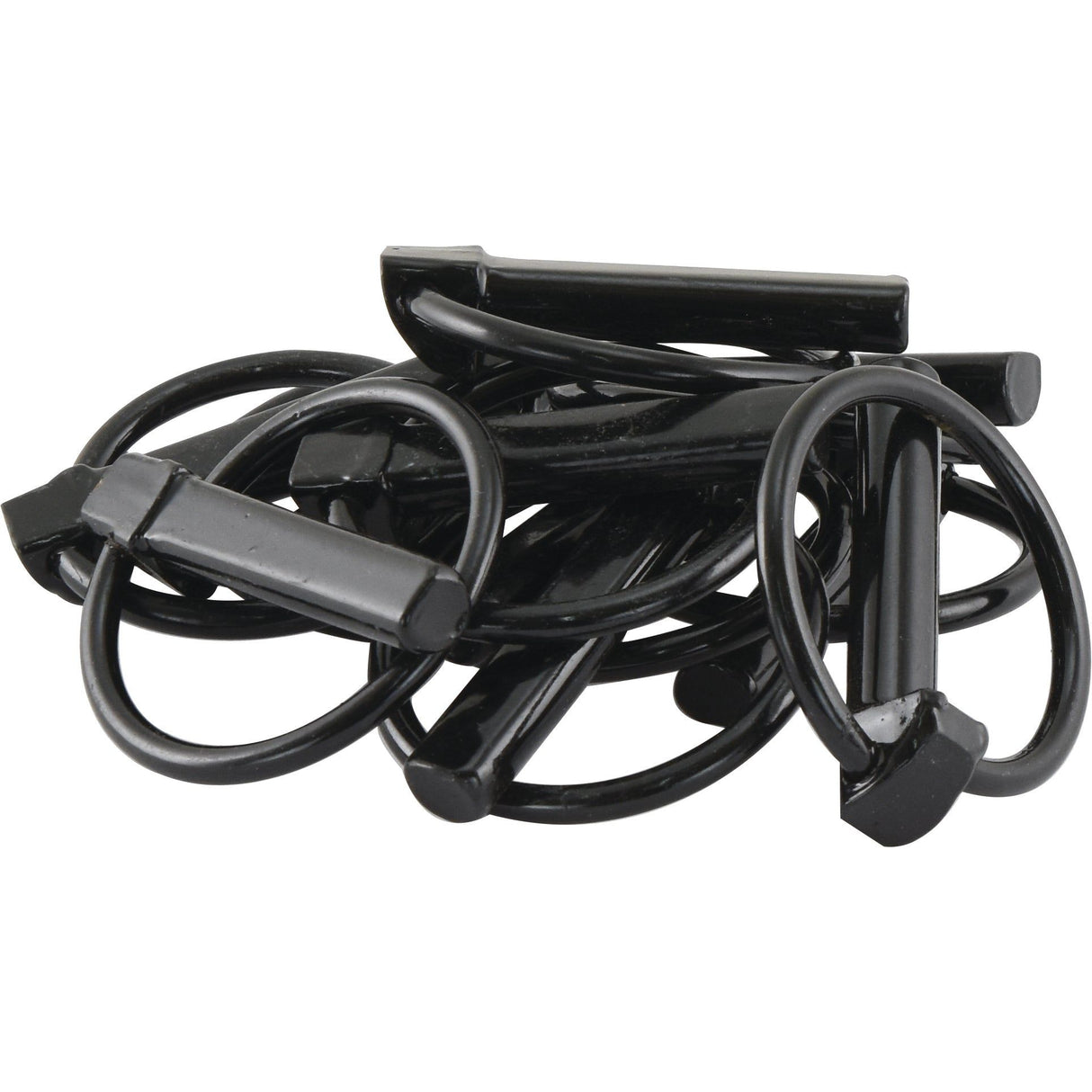 A collection of Round Linch Pins, Pin Ø11mm x 50mm (Sparex Part No. S.58598) ideal for organizing keys on black rectangular tags. These heavy-duty key organizers from Sparex ensure durability and reliability, whether you're managing home, office, or Sparex equipment keys.