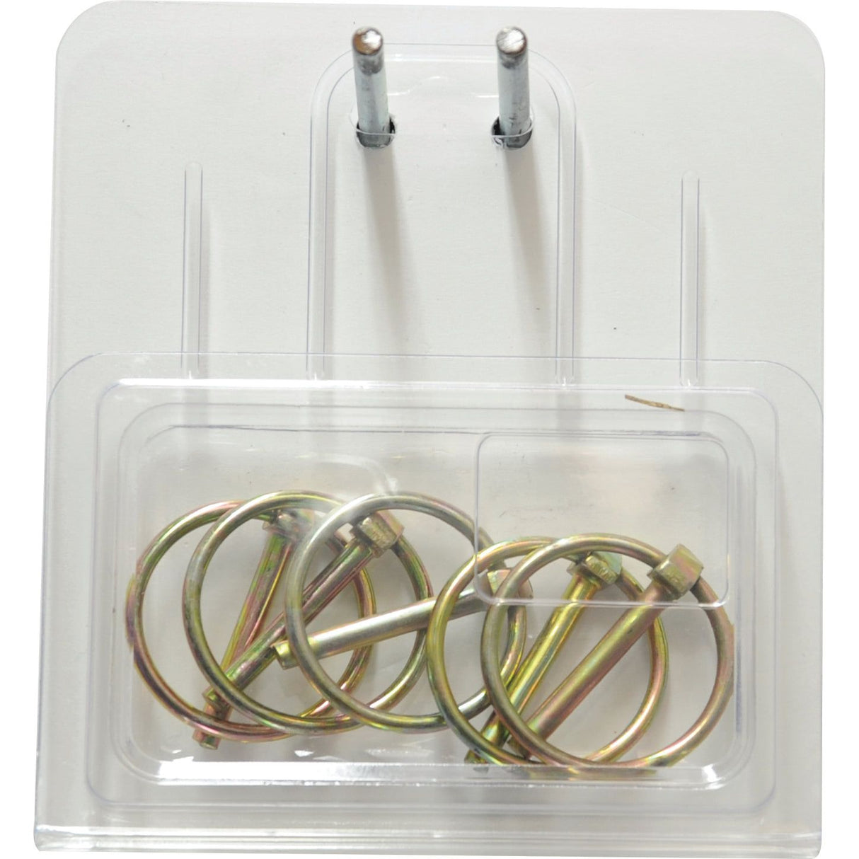 A pack of Round Linch Pins, pin diameter 4.5mm and length 35mm (5 pcs in an Agripak set), displayed in a clear plastic container attached to a white cardboard backing. Two hooks are positioned above the container. This Sparex Part No.S.3288 set ensures durability and ease of use for everyday tasks.