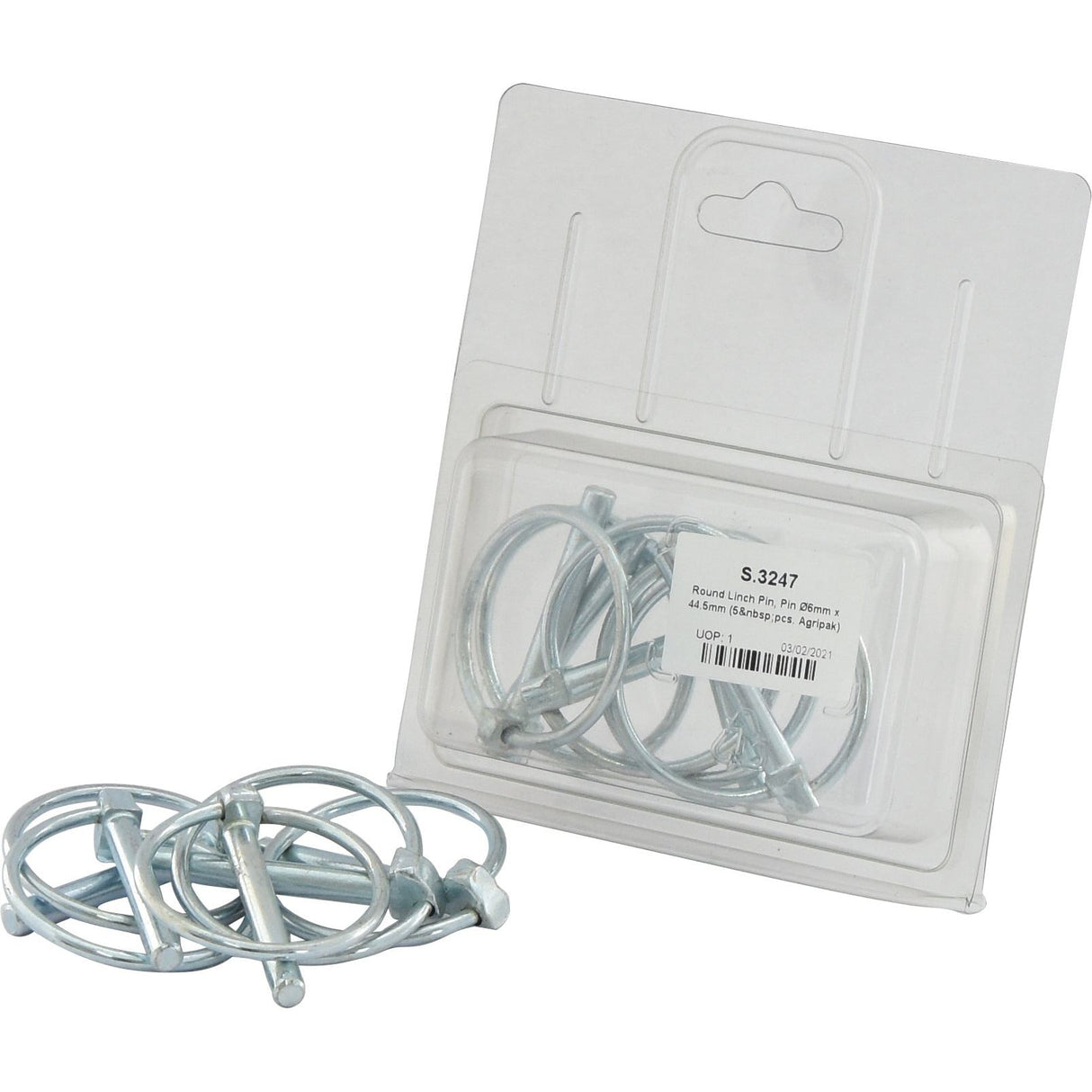 A plastic package containing Sparex Round Linch Pins, each with a diameter of 6mm and a length of 44.5mm from the Agripak series (5 pieces, Sparex Part No. S.3247), with additional loose Standard Duty pins placed beside the package.