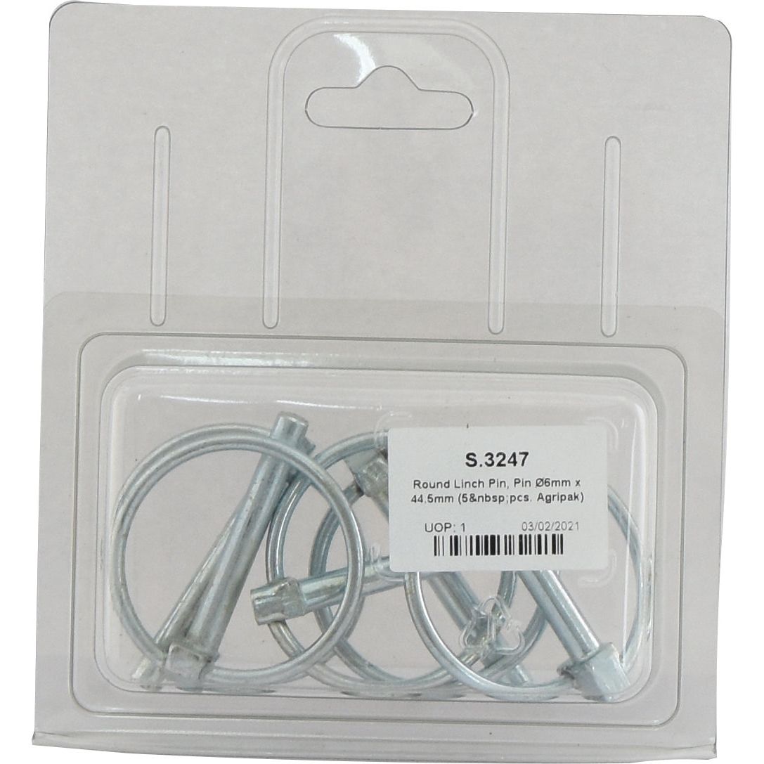A package of round linch pins, labeled "S.3247" from Sparex, containing 5 pins with dimensions Ø6mm x 44.5mm each and dated "03-02-2021".