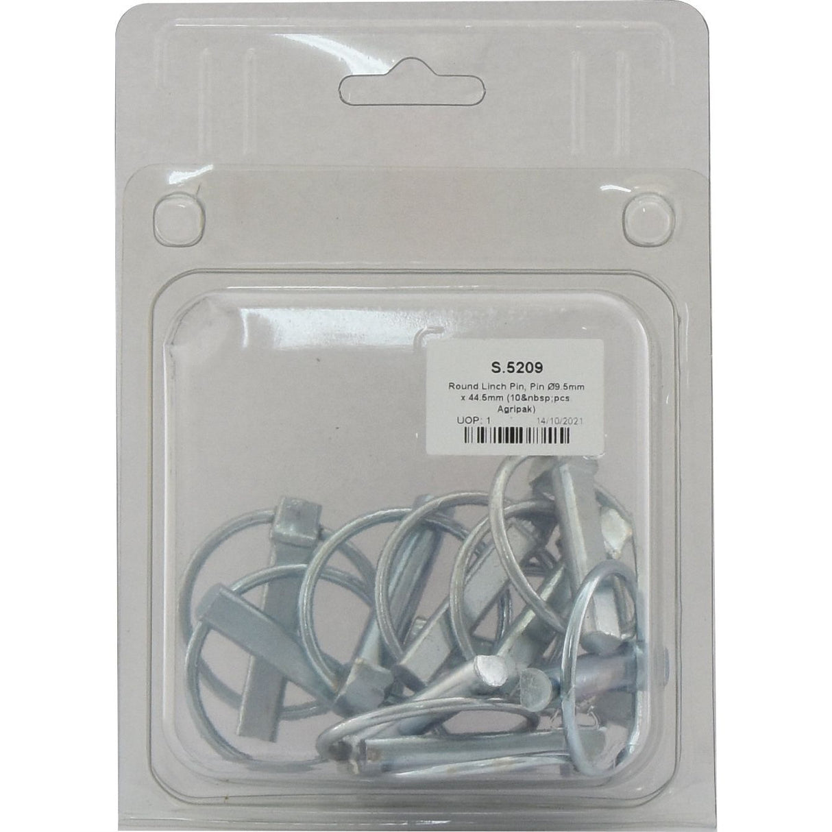 A plastic package containing ten round linch pins, each with a diameter of 9.5mm and a length of 44.5mm, labeled with the product code S.5209 by Sparex.