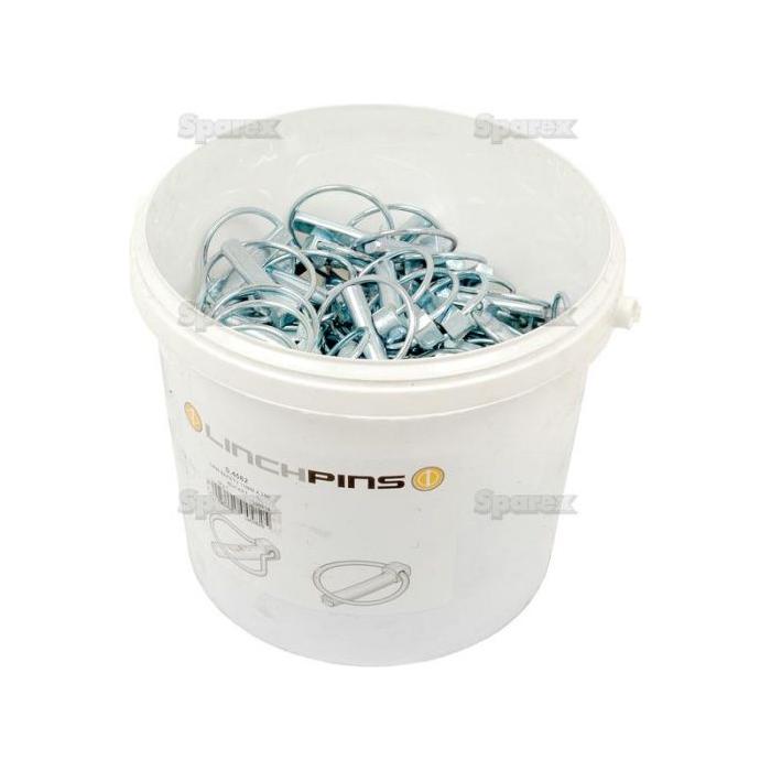 A white bucket labeled "Round Linch Pin" by Sparex, with the part number S.4582, contains several metallic pins with a standard duty and an 11mm pin diameter.