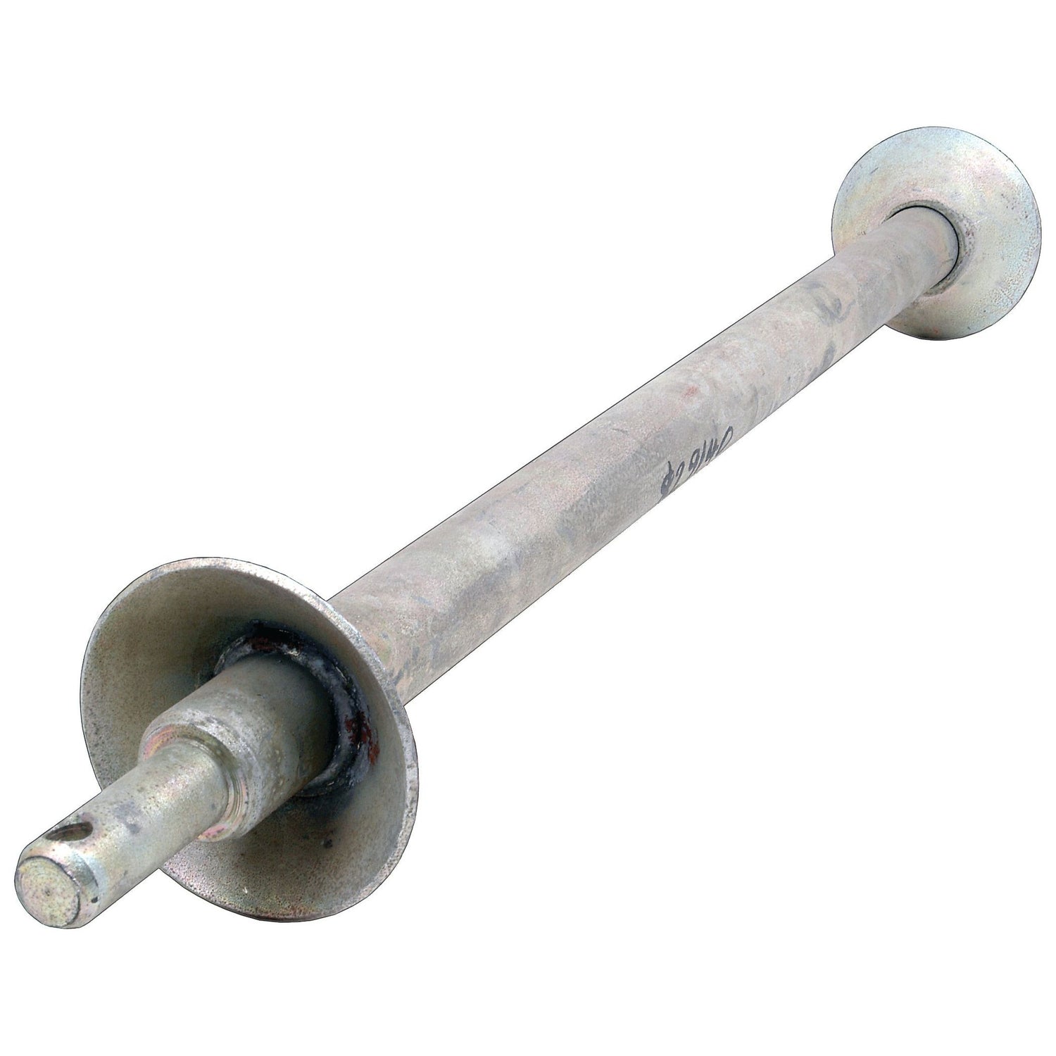 Image of a Round Linkage Bar with Weld on Cups (Sparex Part No. S.29140) from Sparex, featuring a section 45mm and pin Ø 28mm. The rod appears worn, with visible signs of use. The flanges have holes for mounting or attaching purposes and fit neatly into Category 2 specifications.