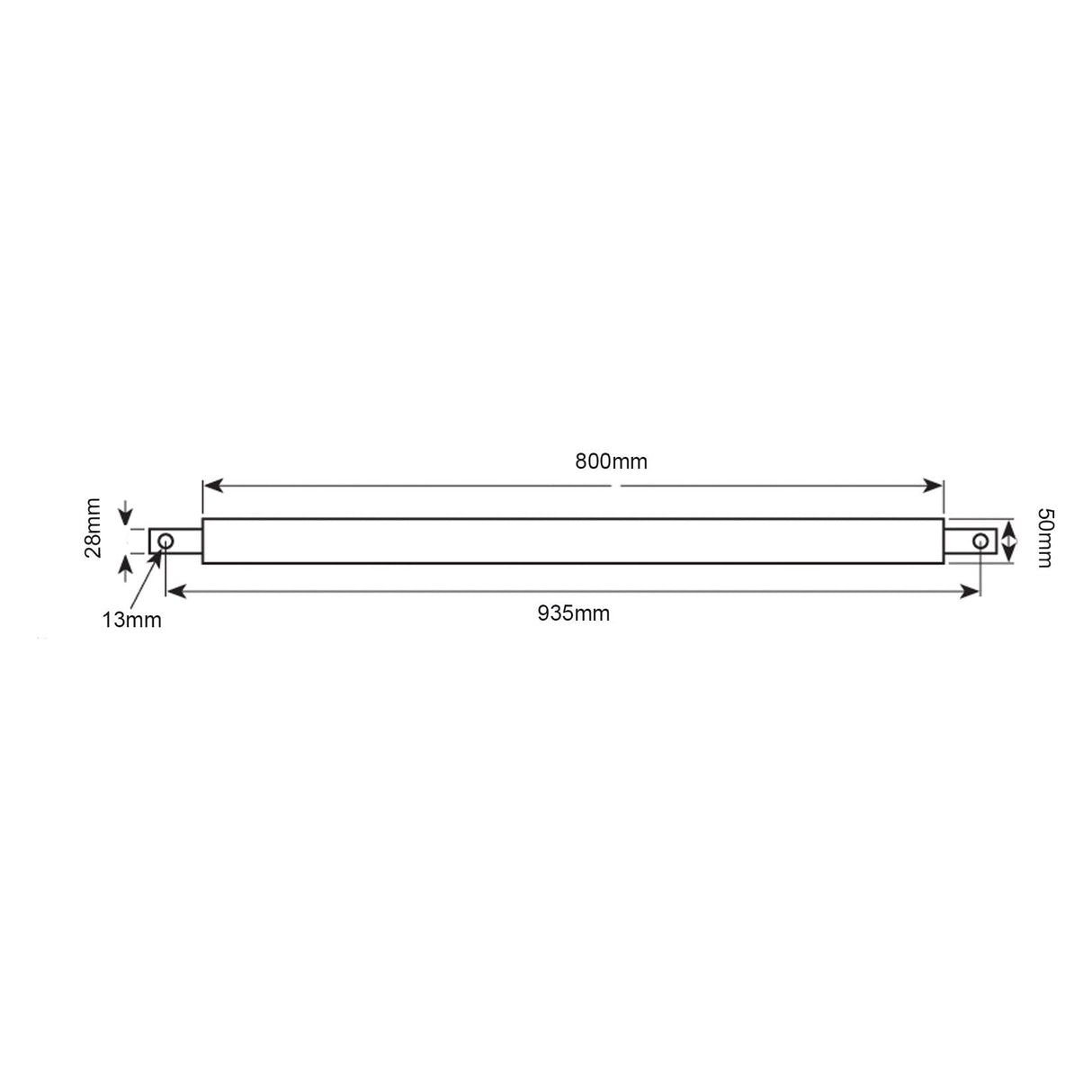 A technical drawing of the Round Linkage Bar with Weld on Cups - Cat. 2 - 935mm by Sparex (Part No. S.29144) shows a rectangular object with overall dimensions of 935mm in length, 28mm in height, and 95mm in depth. The design is compatible with Sparex Category 2 specifications and features an inner rectangular section measuring 800mm in length and 13mm in height.
