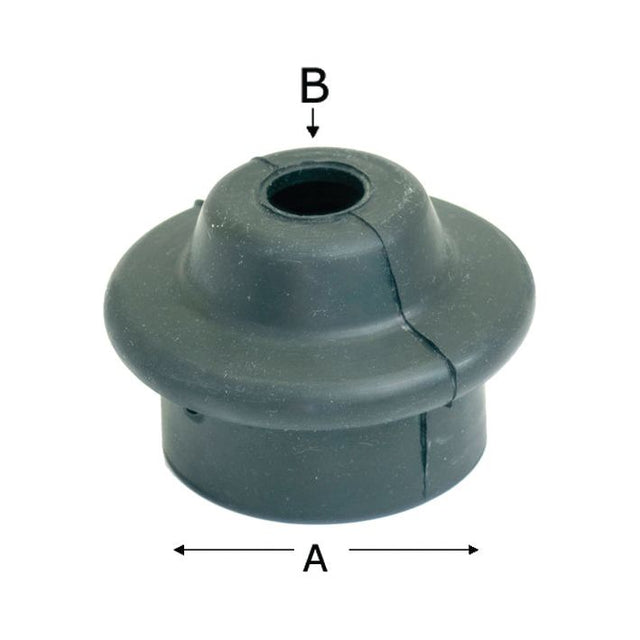 Close-up of a black rubber grommet, labeled with dimensions "A" for width and "B" for height, featuring a central hole and a noticeable split. This component, reminiscent of those used in Zetor gear box assemblies, is identified as the Rubber Boot for Gear Lever by Sparex (Part No. S.64633).