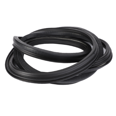The Massey Ferguson - Rubber Seal - 3902144M1 by AGCO is a coiled, black rubber belt with a textured surface, arranged in loops, perfect for use with the 5200 Series tractor by Massey Ferguson.