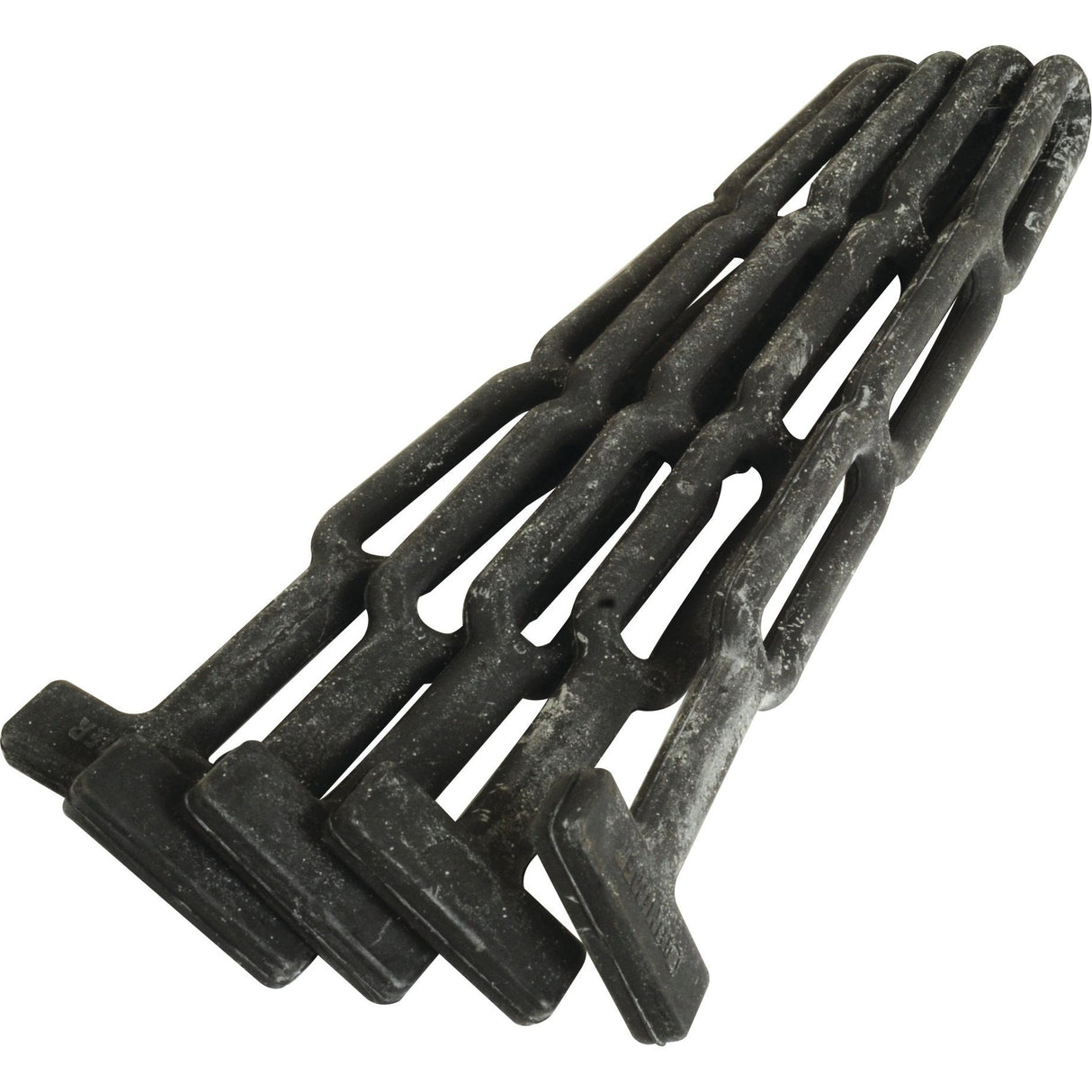 Close-up of five interconnected, weathered TAG - Strap Rubber Tensioner 285mm with 3 loops and flat, squared ends from Sparex, suitable for various applications.