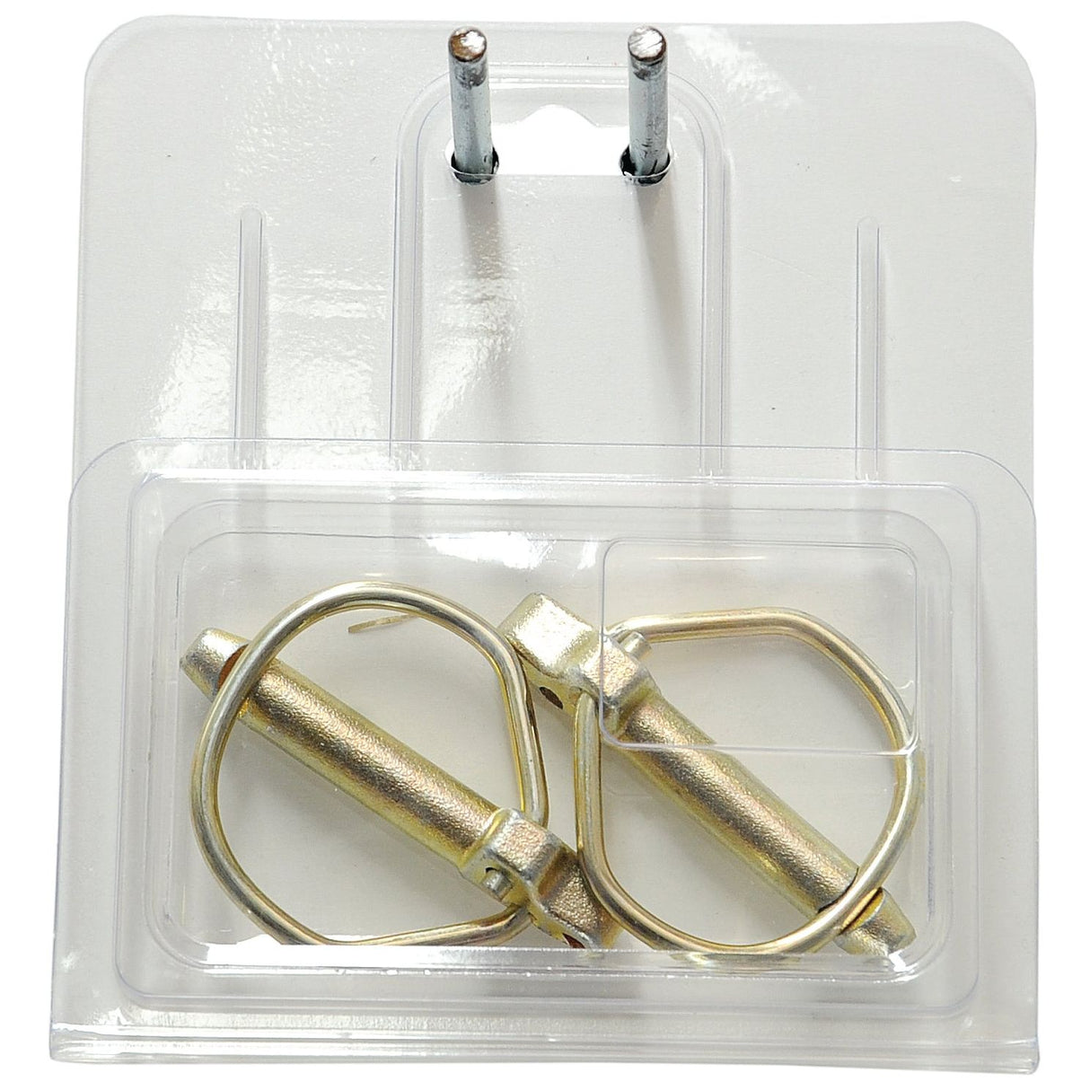 A plastic package containing two golden cylindrical Rűbig Safety Linch Pins with locking rings, labeled as Sparex Standard Duty, product number S.22537. Two metal hooks are visible above the package, attached to the packaging.