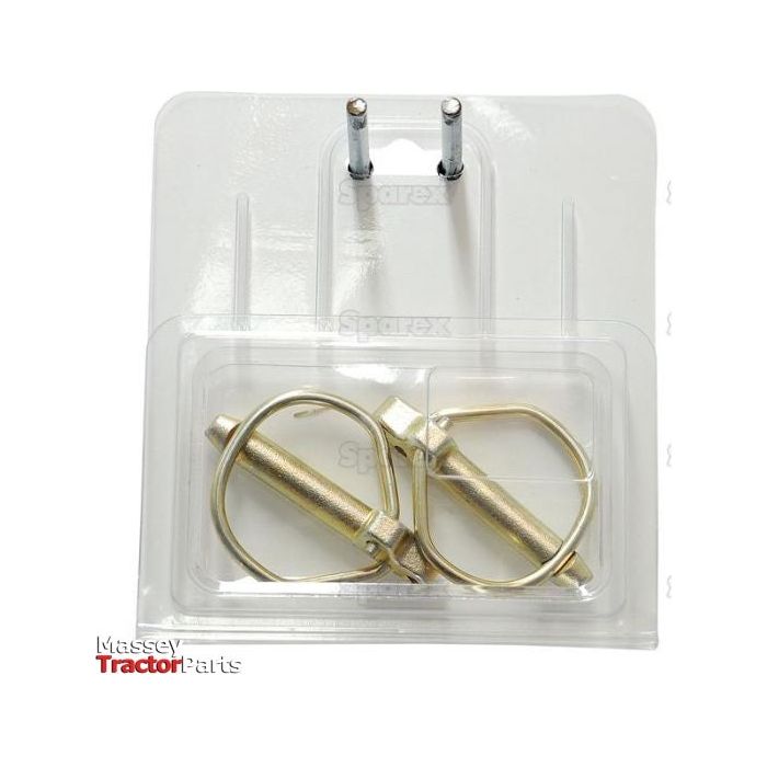 A plastic package labeled "Sparex," containing two metal locking pins known as Rűbig Safety Linch Pins (Pin Ø9.5mm x 46mm). Additionally, there are two smaller metal components visible above the main package. The set, suitable for Standard Duty applications, is identified by Sparex Part No.S.22537 and falls under the reliable Sparex category.