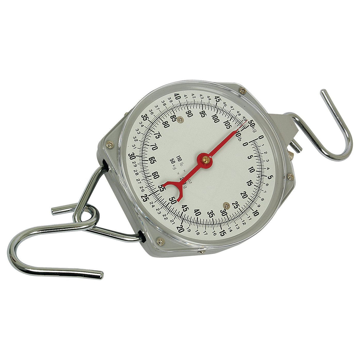 Introducing the Sparex SCALE-50KG/200G & 110LB/8 OZ - S.12437, a robust mechanical hanging scale equipped with two hooks and a circular dial that offers dual calibration to display measurement readings in both kilograms and pounds.