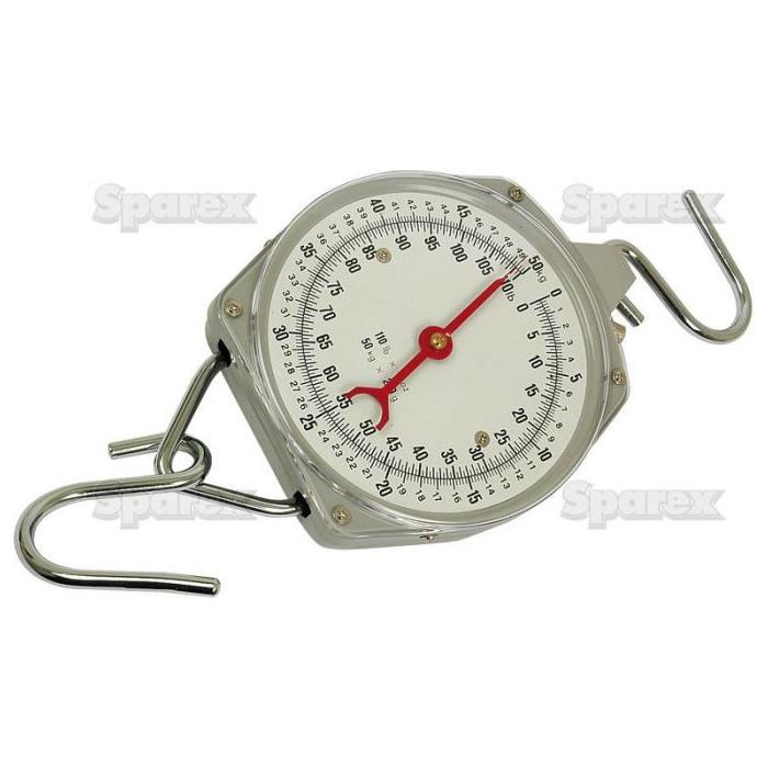 The "SCALE-50KG/200G & 110LB/8 OZ - S.12437" by Sparex is a round spring balance scale with a white dial, red pointer, and black numbers, showcasing robust construction and featuring two metallic hooks on each side.