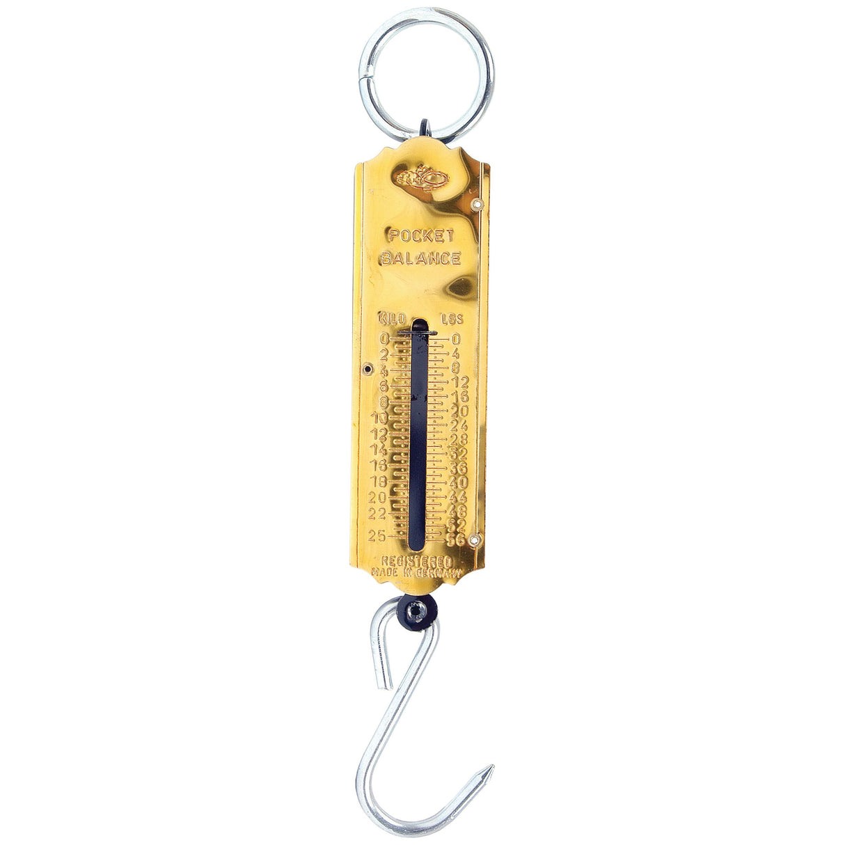 The Sparex Pocket Balance Scales (Part No. S.12438) features a yellow color, metal hook at the bottom, and a ring at the top, capable of measuring weights up to 25kg with 1kg increments.