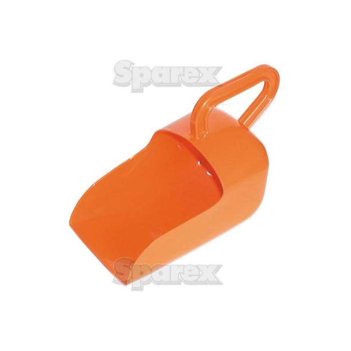 An orange Sparex scoop (Sparex Part No. S.19316) made of plastic, featuring a wide, flat edge and a handle.