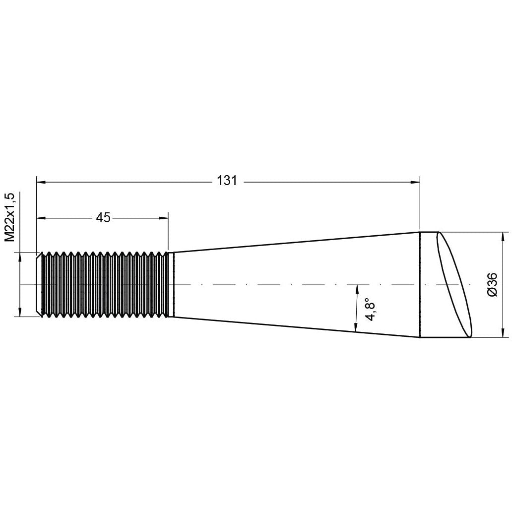 Here's a revised version of the sentence using the provided product data:
Technical drawing of the Loader Tine - Cranked 815mm by Sparex, featuring a tapered cylindrical design with M22 x 1.50 (Square) screw thread on one end. Marked dimensions include a 45mm threading length, 131mm total length, Tine Ø36mm, 96mm diameter, and a 4.8° taper angle. It has Conus 1 specification for compatibility and is designed to withstand a maximum torque of up to 500Nm, fitting model S.78791 (69617).