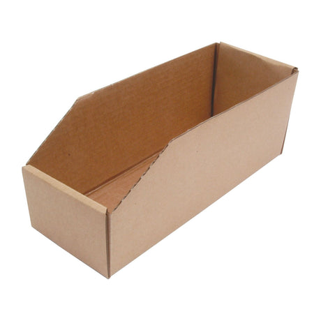 A Sparex Stock Box, measuring 110 x 280 x 100mm, featuring a rectangular shape with an open top, slanted sides, corrugated edges, and an identification label. (Pack of 50 pcs., Sparex Part No.S.14678)