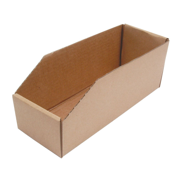 A Sparex Stock Box, measuring 110 x 280 x 100mm, featuring a rectangular shape with an open top, slanted sides, corrugated edges, and an identification label. (Pack of 50 pcs., Sparex Part No.S.14678)