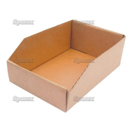 A brown, empty rectangular cardboard bin with an open top and angled sides featuring an identification label for easy organization, from the brand Sparex. This is the Stock Box, measuring 110 x 280 x 200mm (Pack of 50 pieces) under Sparex Part No. S.14977.