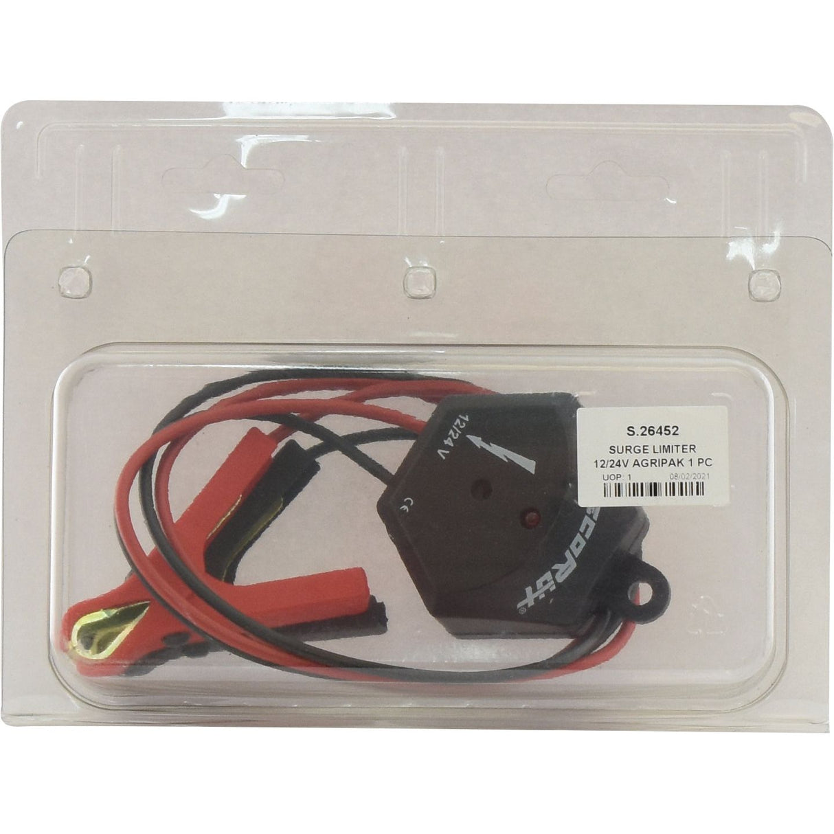 A packaged electronic surge limiter labeled "S.26452" and "SURGE LIMITER 12/24V AGRIPAK 1 PC," complete with cables and connectors, neatly encased in clear plastic. This component is part of the Sparex series.