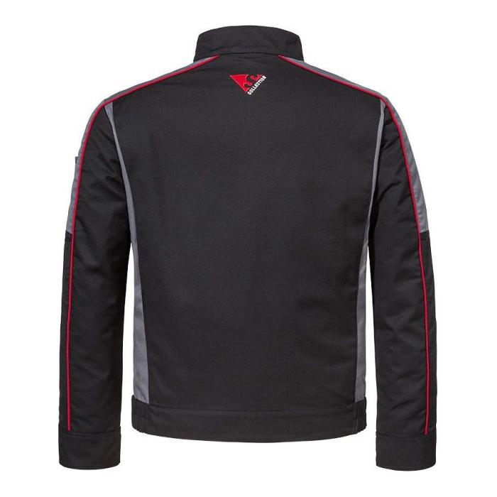 Back view of the AGCO Massey Ferguson - S Collection Work Jacket (X993482105) in durable black, featuring red and gray accents, a high collar, and an embroidered logo near the nape.