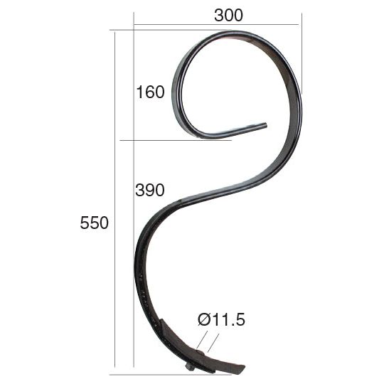 Introducing the Sparex S Tine, featuring black wrought iron scroll specifications: height 550 mm, width 300 mm, top loop diameter 160 mm, bottom loop diameter 390 mm, and bar diameter 11.5 mm. Perfect for frame mounting holes or as a versatile component in your design projects.