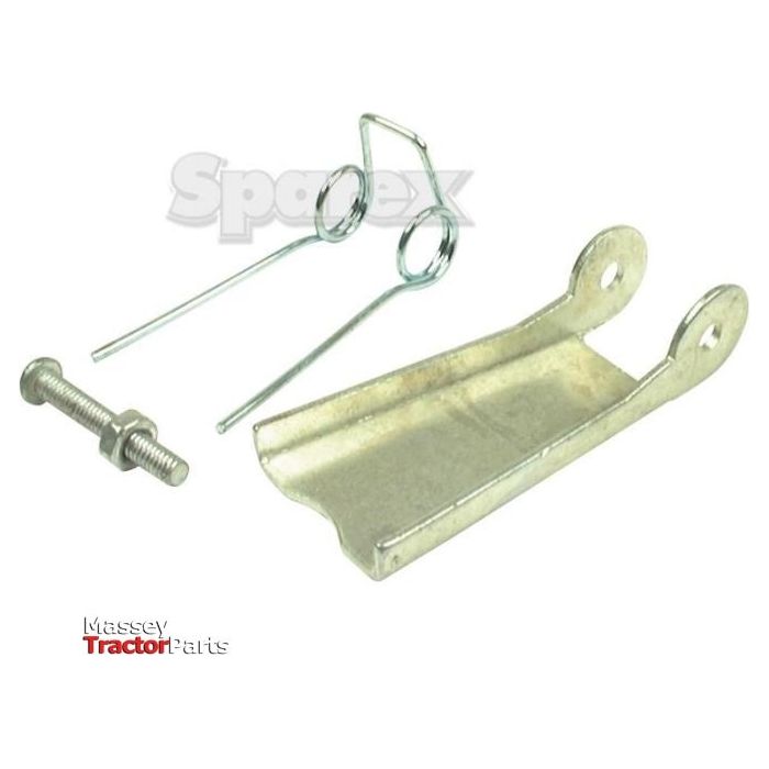 Displayed against a plain white background are a metal bolt, two wire springs, and a metal bracket with two holes. The image shows the text "Sparex" and "Massey Tractor Parts." Notably, the Safety Catch for 1.5 Ton Hook (Sparex Part No.S.12822) includes eye hooks for versatile utility.