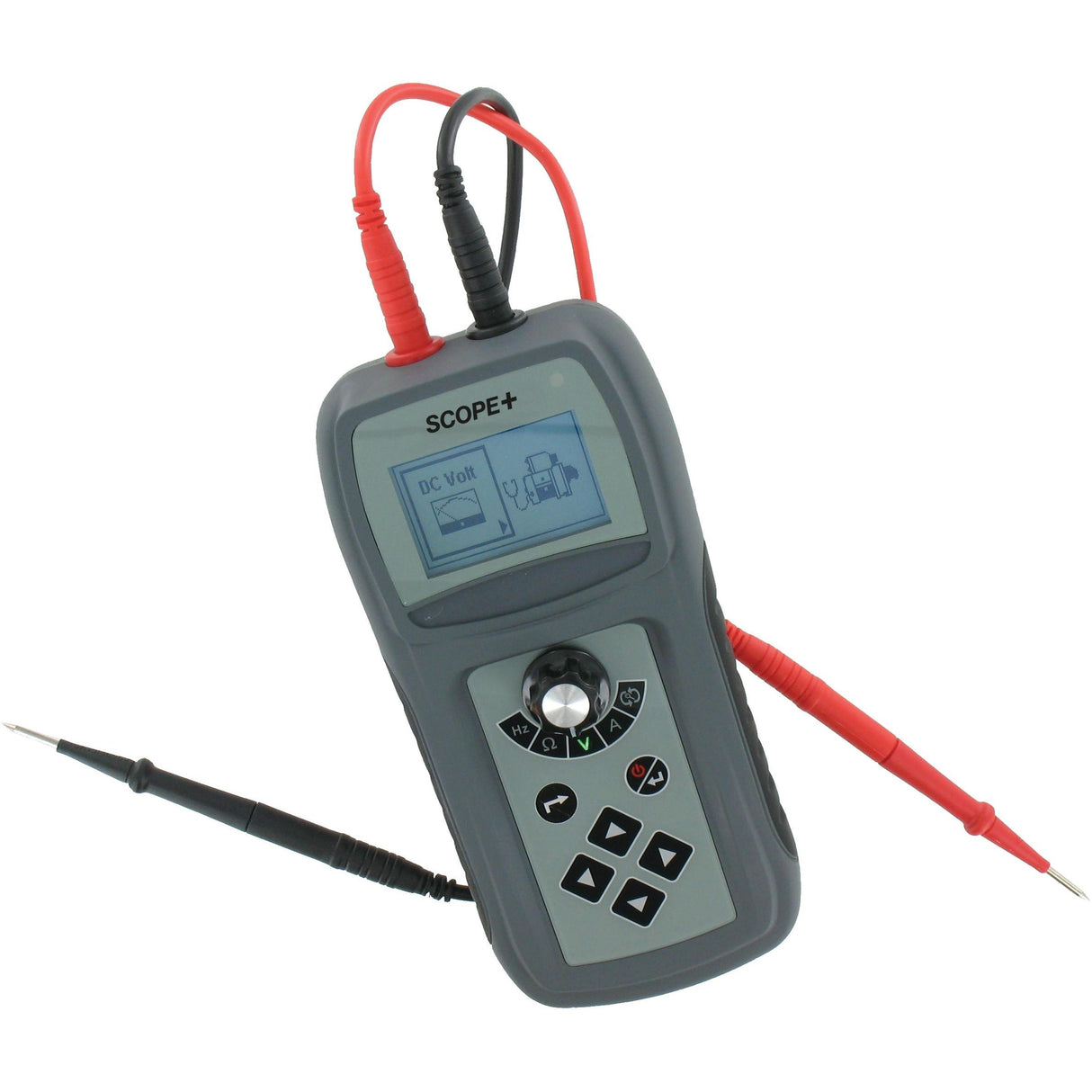 The Scope & Multi Tester - S.162154 by Sparex features a grey body, black keypad, and attached red and black test probes. Ideal for troubleshooting automotive electrical circuits, its screen displays "DC Volt" and includes a graph for enhanced diagnostics.