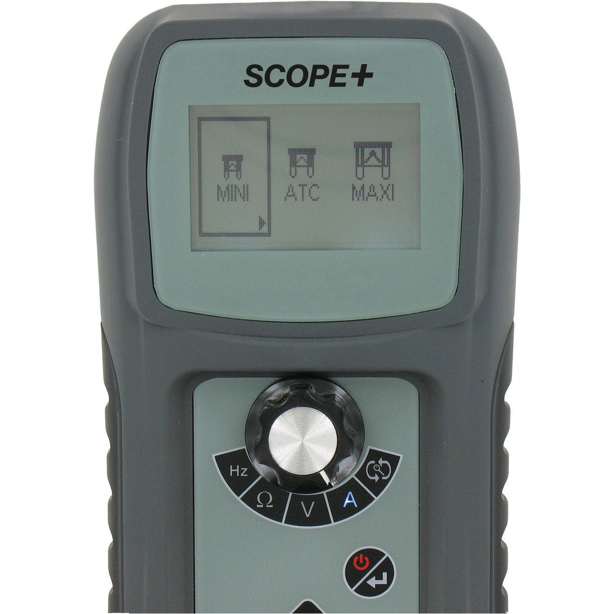 Close-up view of a Sparex Scope & Multi Tester - S.162154 featuring a screen displaying MIN, ATC, and MAX options, and control buttons including Hz, Ω, and V functions for automotive electrical circuit diagnostics, with a central adjustment knob.