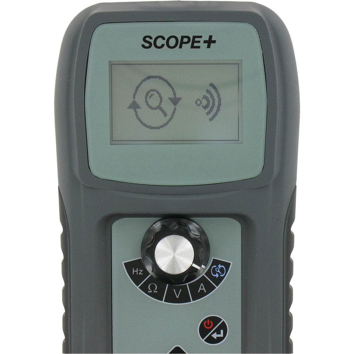 Close-up of a handheld device labeled "Scope & Multi Tester - S.162154" from the brand Sparex, with a screen displaying an icon of a rotating object emitting a signal. The device, ideal for diagnosing automotive electrical circuits, features buttons and a dial for various functions.