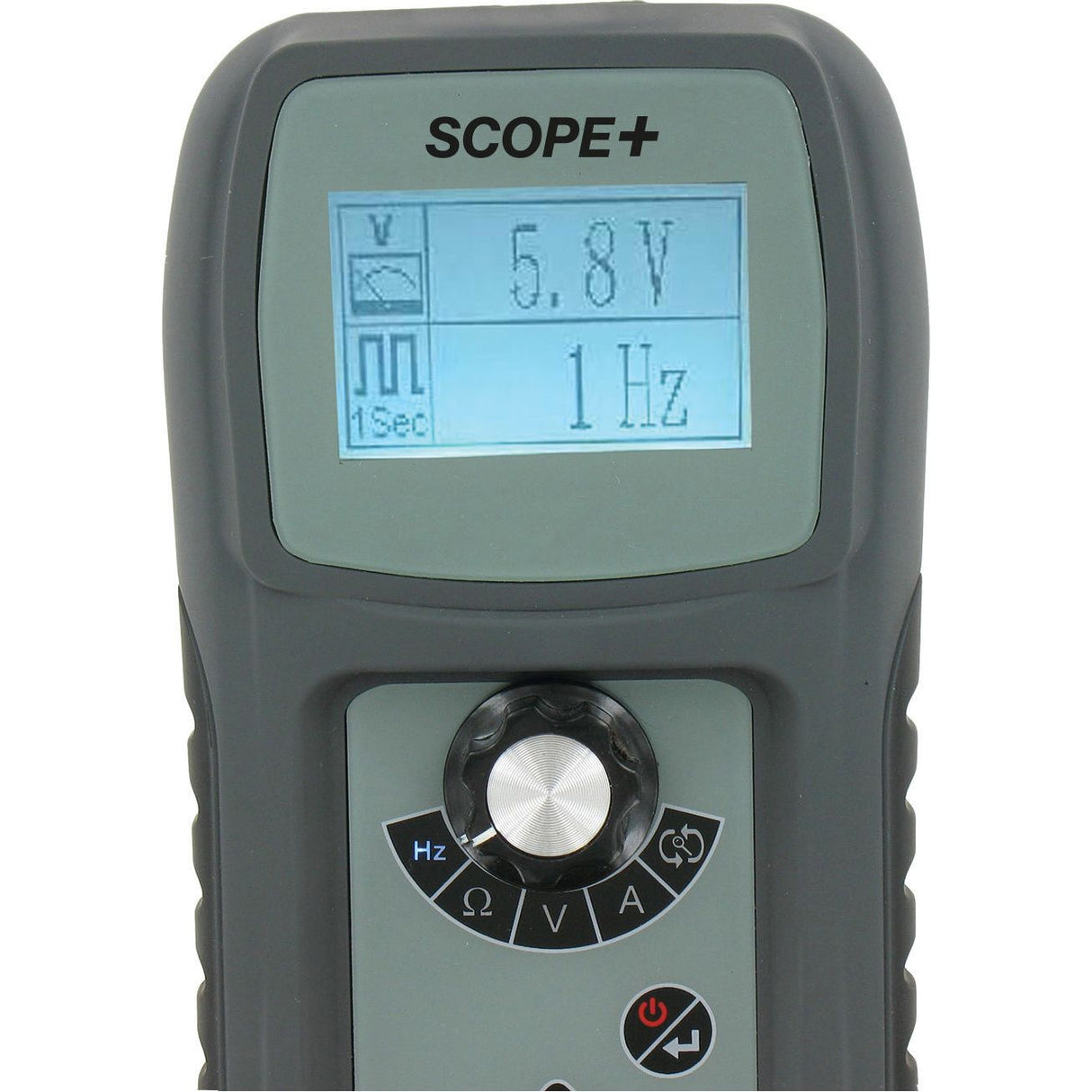 The Scope & Multi Tester - S.162154 by Sparex is a digital device with a display screen showing "5.8V" and "1Hz." Often used in automotive electrical circuits, the device features various control buttons and a dial knob.
