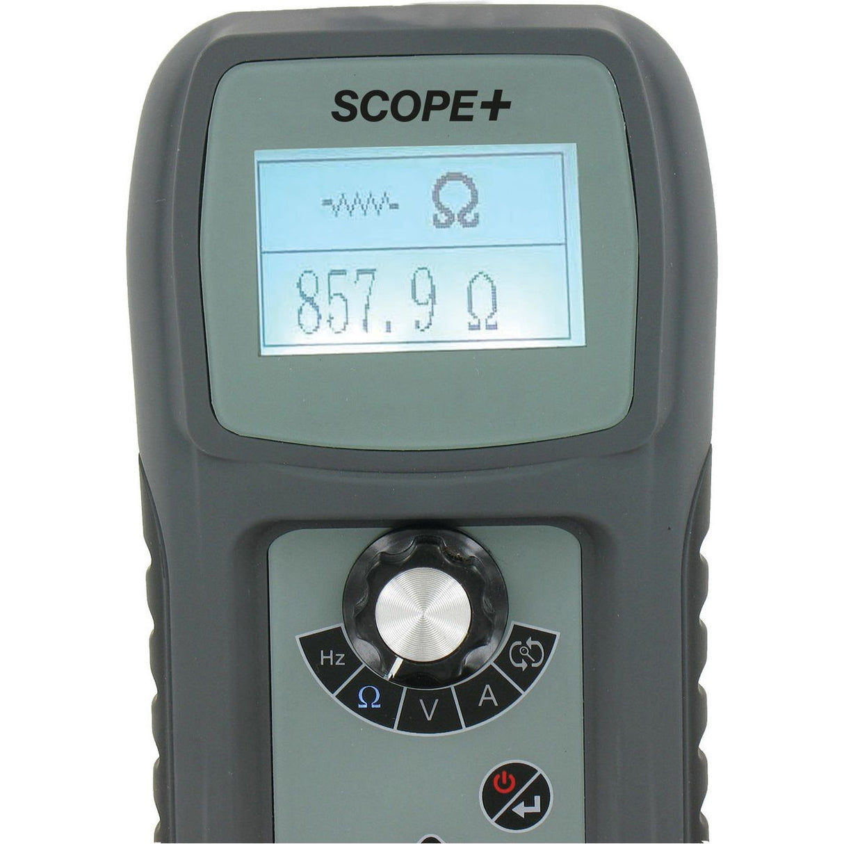 Close-up of the Sparex Scope & Multi Tester - S.162154 displaying a resistance measurement of 857.9 ohms on its screen. The device features buttons and a rotary switch for selecting various measurement functions, making it ideal for diagnosing an automotive electrical circuit.