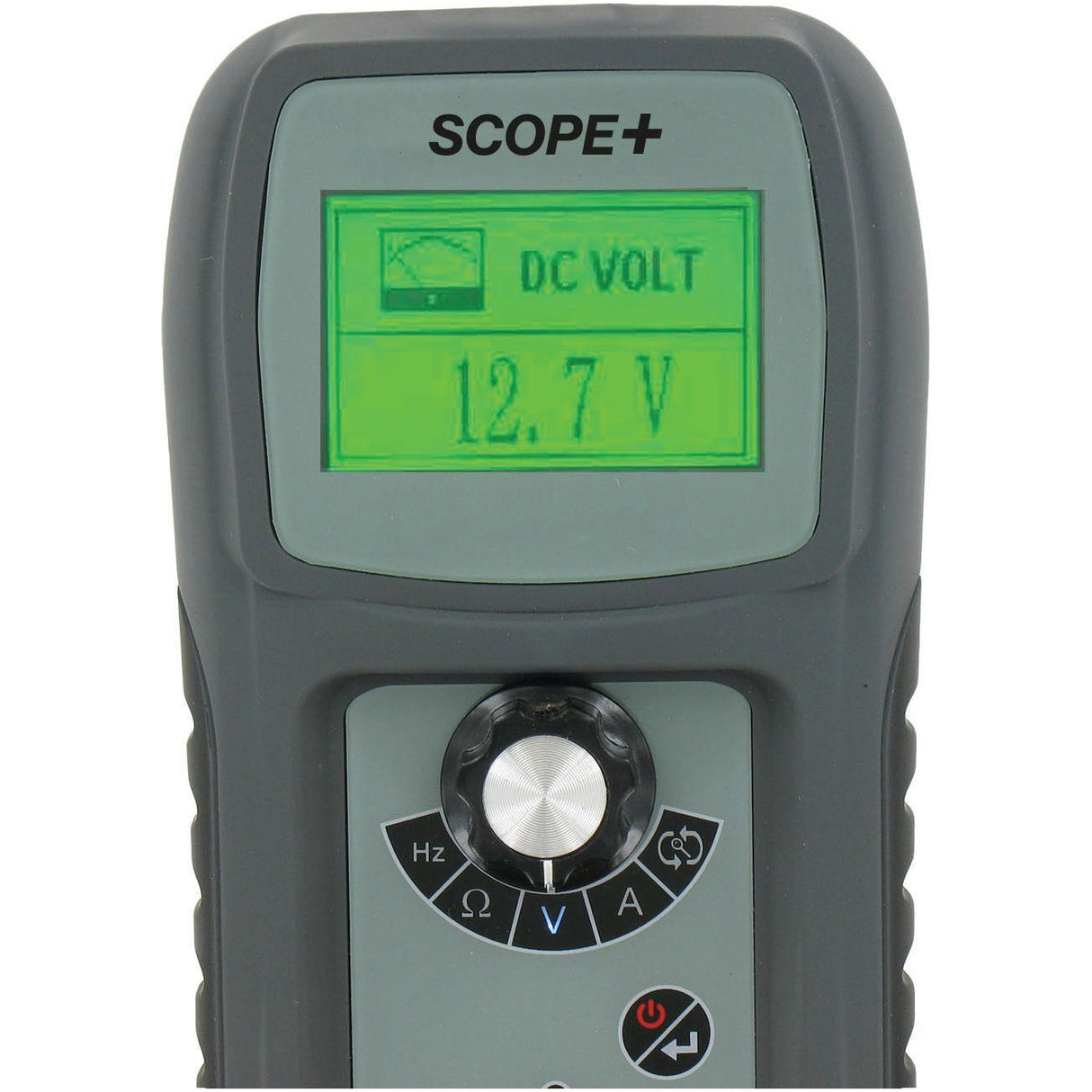 A close-up of the Sparex Scope & Multi Tester - S.162154 displaying a DC voltage reading of 12.7 volts on its screen, essential for diagnosing an automotive electrical circuit.