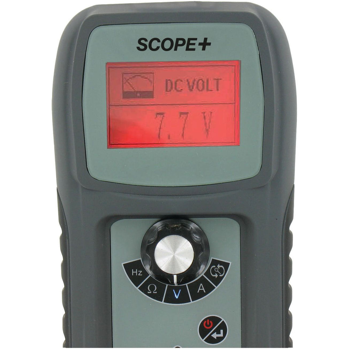 The Sparex Scope & Multi Tester - S.162154 is showing a DC voltage measurement of 7.7 volts on its screen. It features a selector knob and additional buttons for various functions, making it ideal for diagnosing issues in automotive electrical circuits.