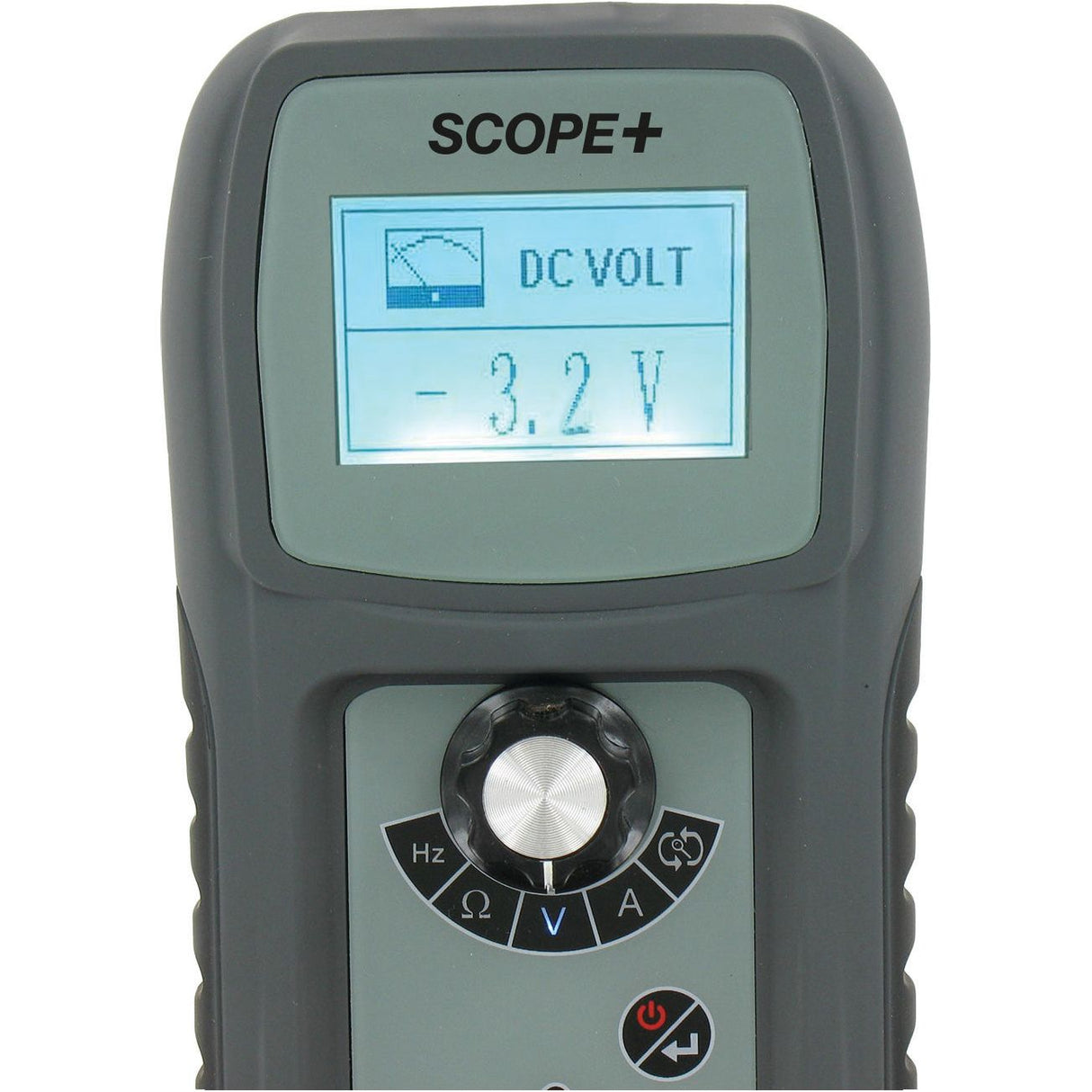 Close-up of a Scope & Multi Tester - S.162154 by Sparex, displaying a DC voltage reading of -3.2 volts on its screen. The device, ideal for diagnosing automotive electrical circuits, features a black and grey casing with various function buttons and a central dial.