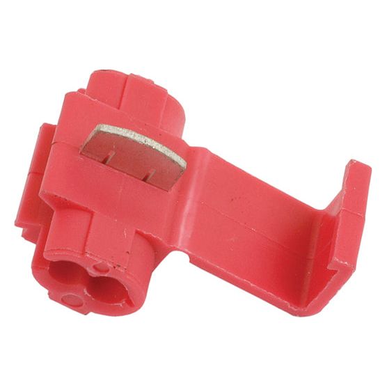 A close-up image of the Sparex Scotchlock Terminal - S.8988, a red plastic electrical connector featuring a clip and two input ports, designed in the crimp type style for secure attachment.