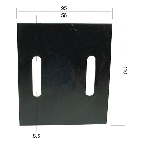 Image of a Sparex Scraper Plate 110x95x4mm, compatible with Maschio and Farmforce equipment. The black rectangular metal plate features two vertically elongated holes. It measures 95 mm in width by 110 mm in height, with a distance of 56 mm between the holes. Each slot is 8.5 mm wide. This part fits as: 26100667 and is listed under Sparex Part No.S.77290.