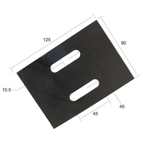 The Sparex Scraper Plate (Product No. S.78076) is a black rectangular metal plate with dimensions of 125mm x 90mm and features two rounded rectangular cutouts. Each cutout is 45mm long, with hole centers positioned 10.5mm from the plate's edge, designed to fit as C648921.