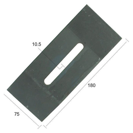 The Sparex Scraper Plate, product number S.77259, is a rectangular metal blade with dimensions of 180 mm in length and 75 mm in width, featuring a central slot size of 10.5 mm.