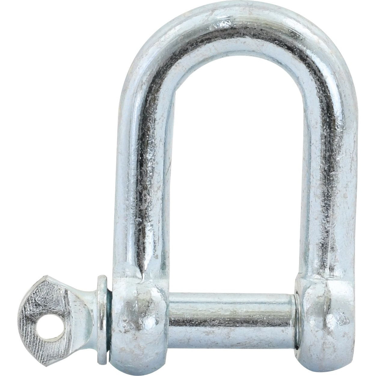 A close-up view of a shiny galvanised metal Screw Type D Shackle with a threaded pin, made from 12mm mild steel, by Sparex (Part No. S.2768).