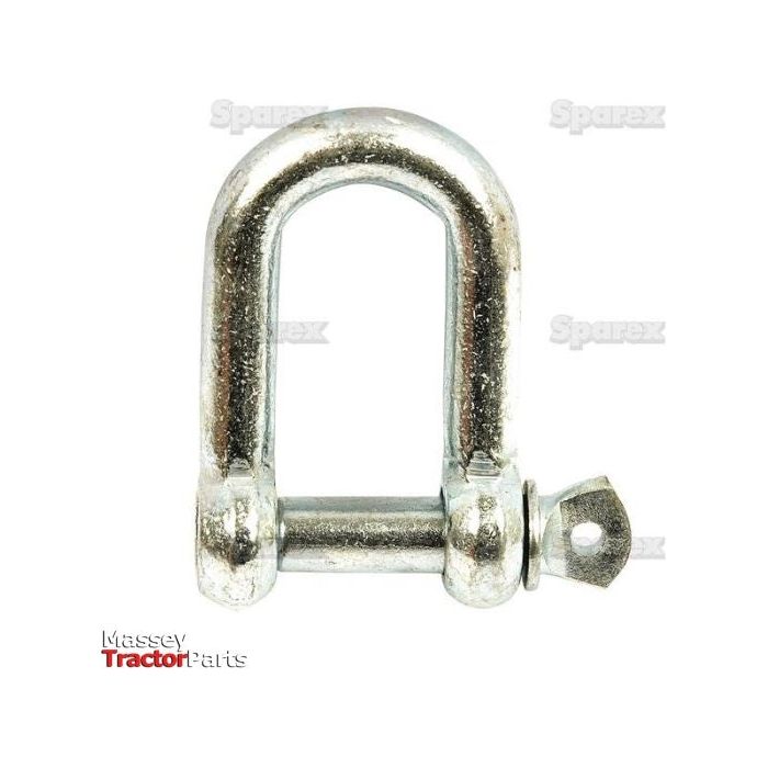 A Screw Type D Shackle, Pin Ø12mm x 24mm Jaw Width, typically used in rigging and lifting applications, is shown in a product image with the logo "Massey Tractor Parts." This robust shackle, Sparex Part No. S.2768 from the brand Sparex, is made from galvanized mild steel for enhanced durability.